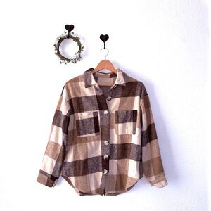Madepants Brown Plaid Flannel Jacket Shacket Oversized Cozy Winter Layer S/M
